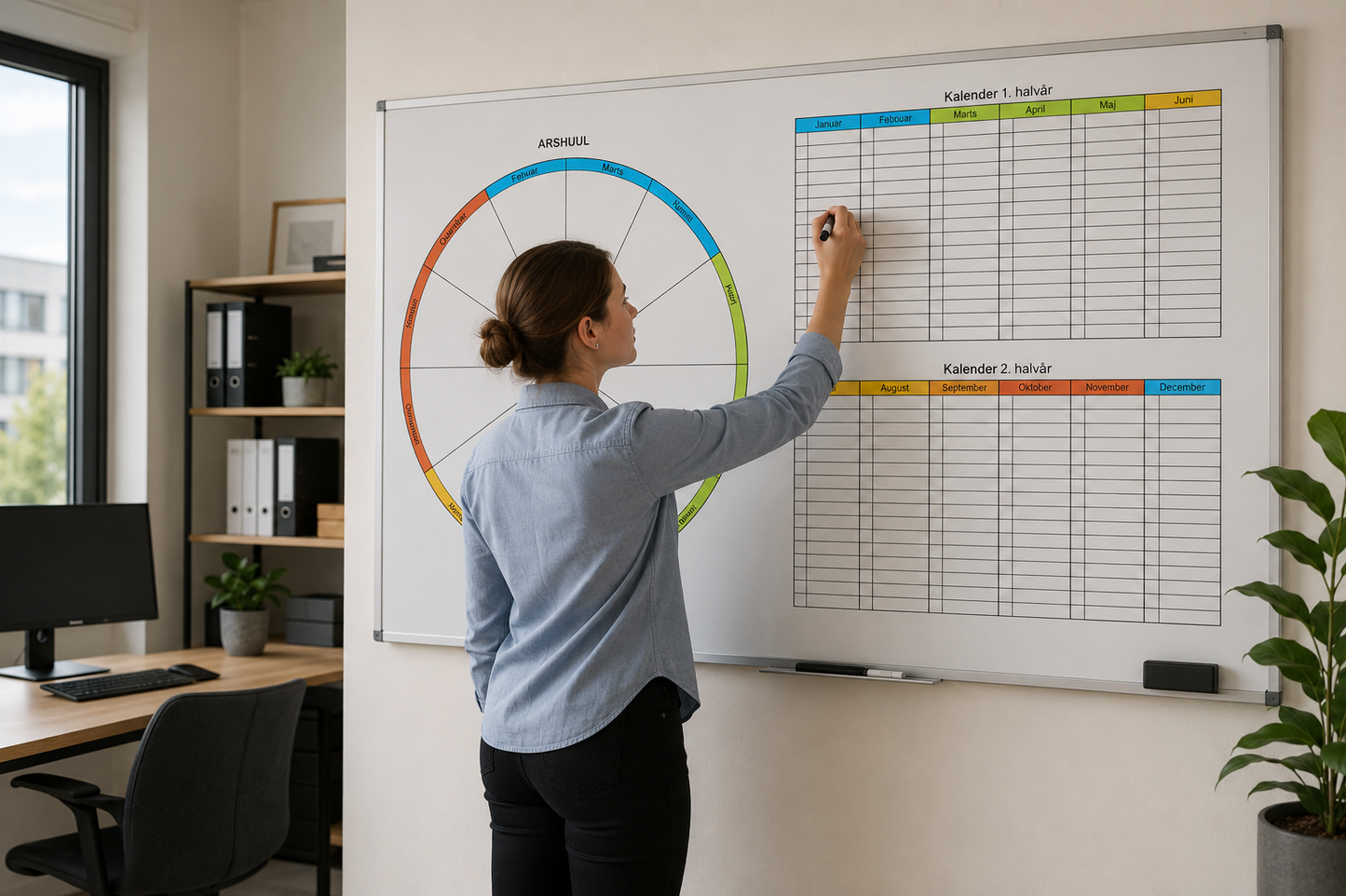 Whiteboard med årshjul og kalender