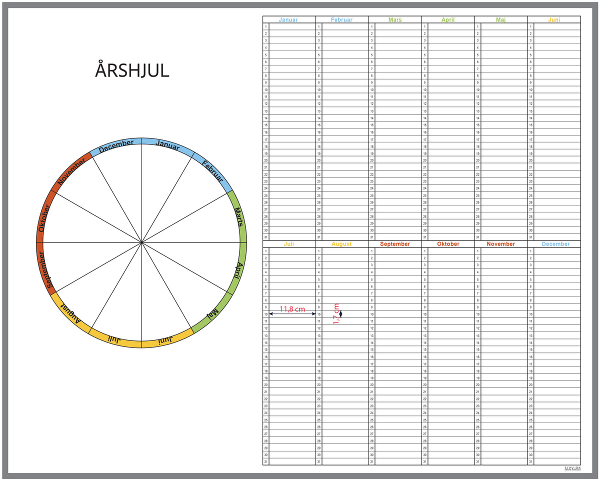 Whiteboard med årshjul og kalender
