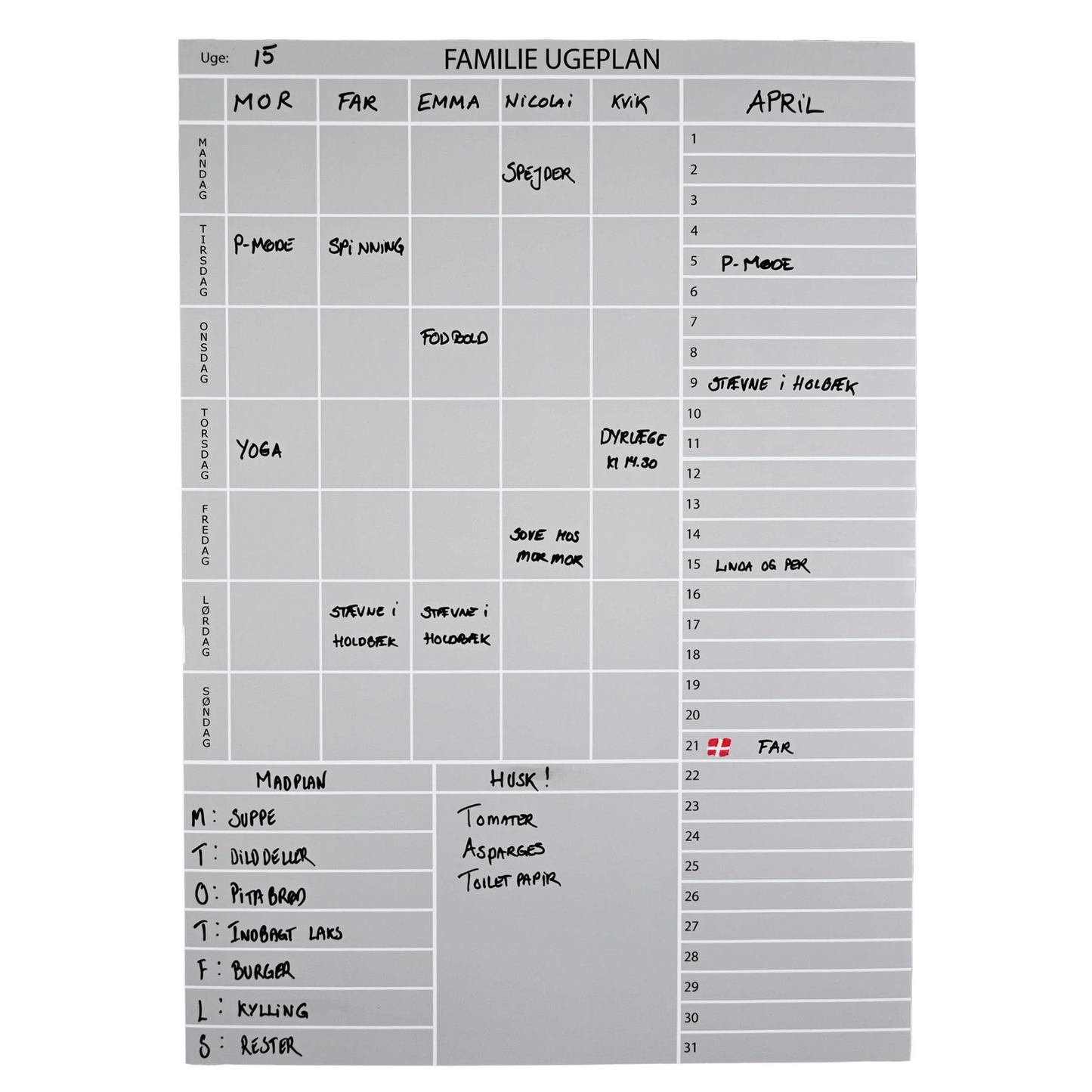 Whiteboard tavle med familieplan - mange farver