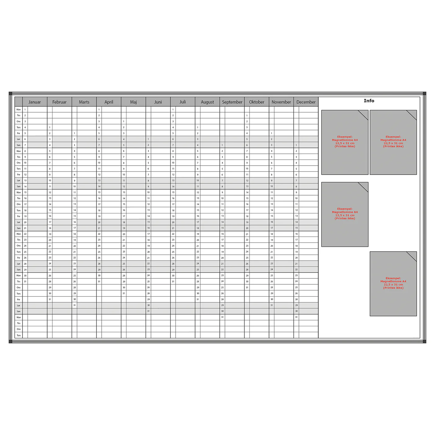 Whiteboard med evighedskalender BxH 200x120 cm