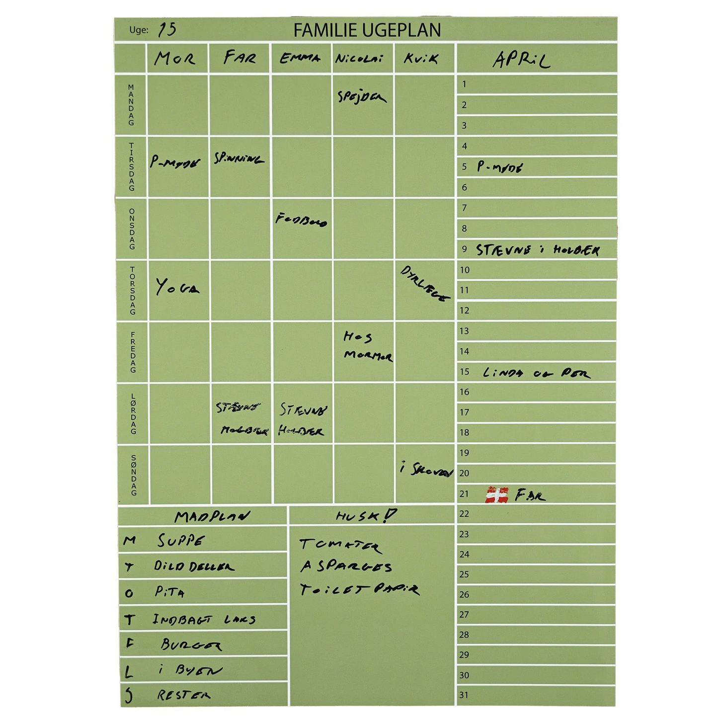 Whiteboard tavle med familieplan - mange farver