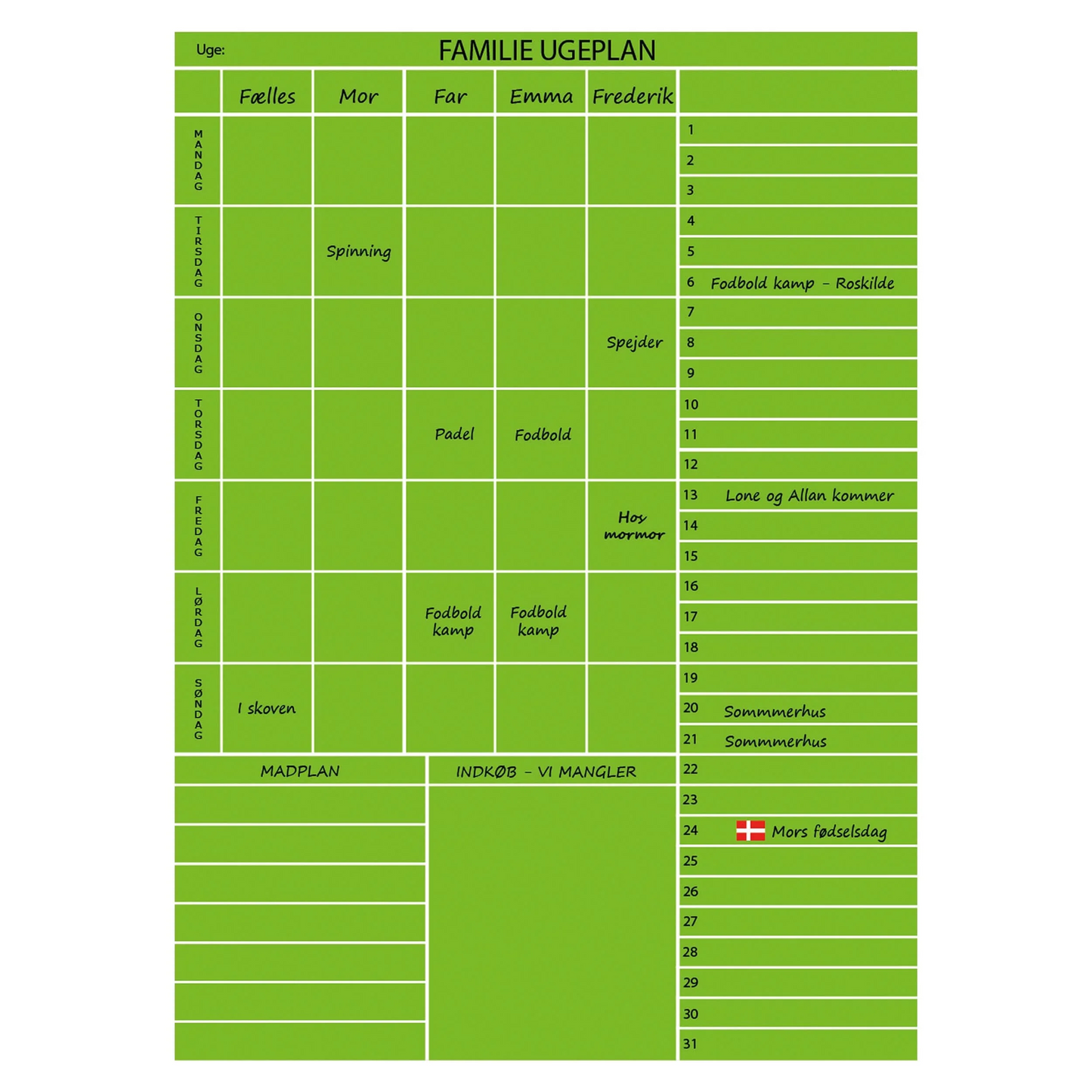 Hold styr på aftaler med denne ekslusive familieplan med Egetræs ramme