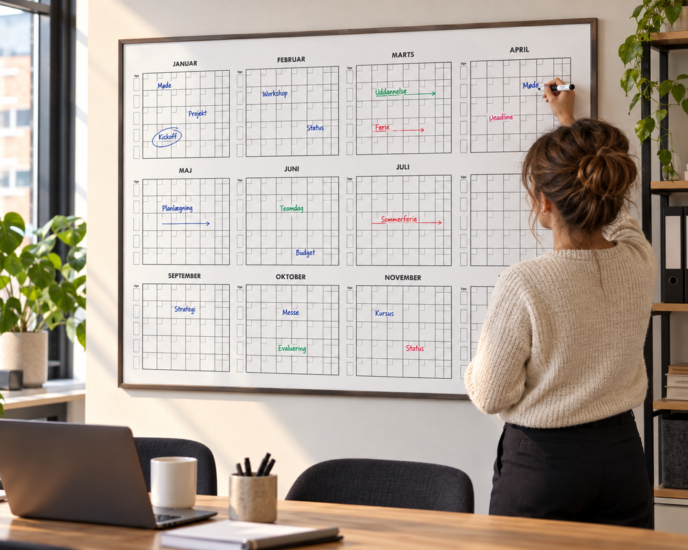 Whiteboard med evighedskalender og uge overblik