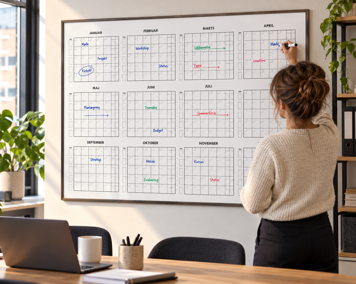 Whiteboard med evighedskalender og uge overblik