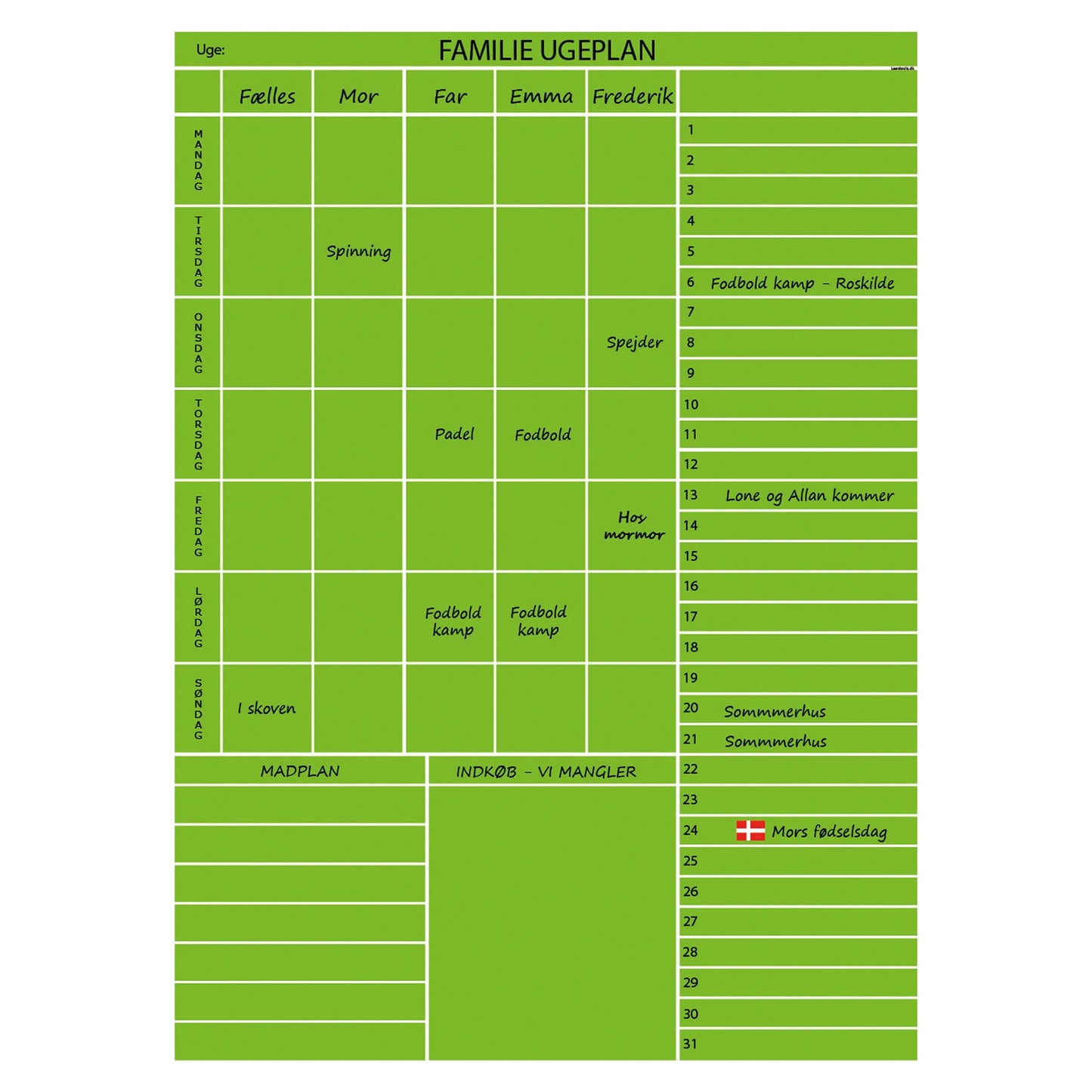 Whiteboard tavle med familieplan - mange farver